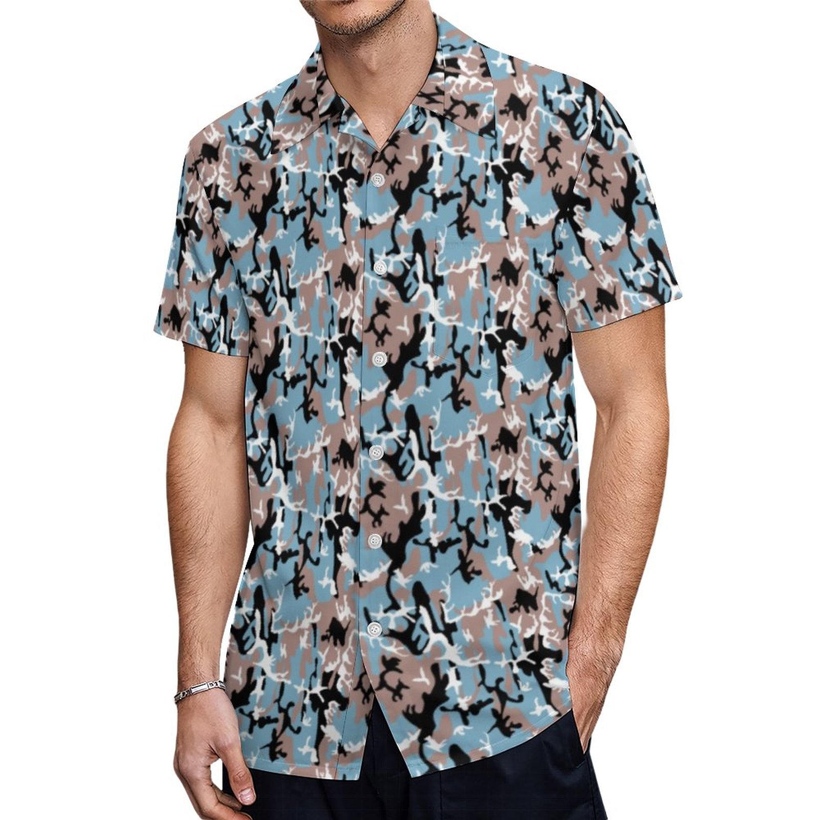 Camo Pattern Grayish Red White Blue Black Hawaiian Shirt Mens Button Down Tropical Hawaii Beach Shirts