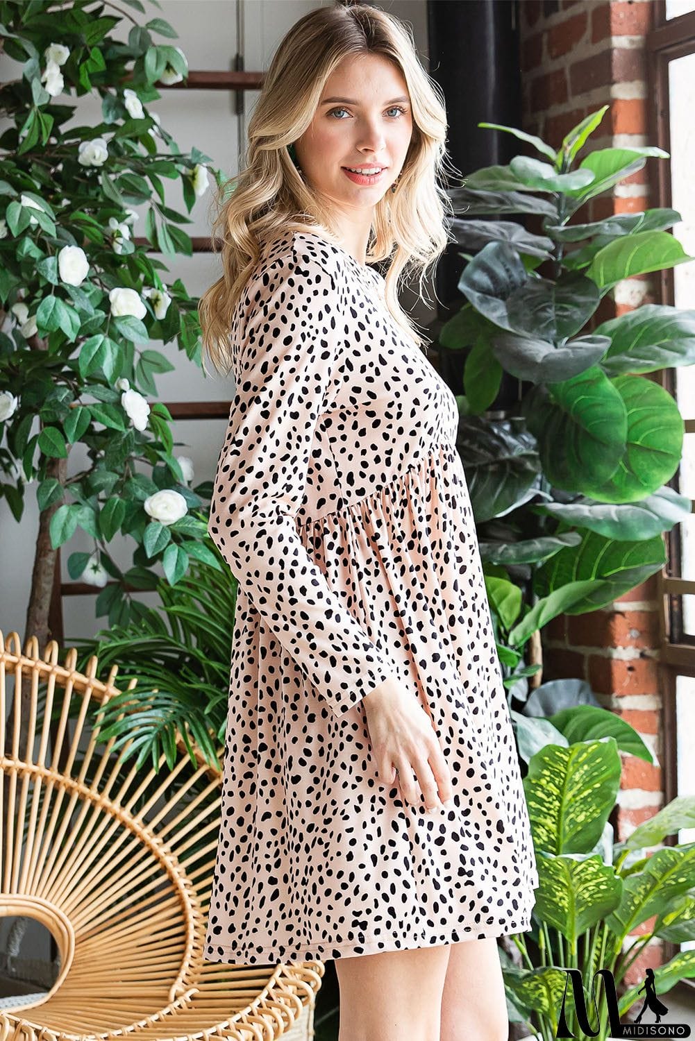 MidiSono - Printed Round Neck Long Sleeve Dress