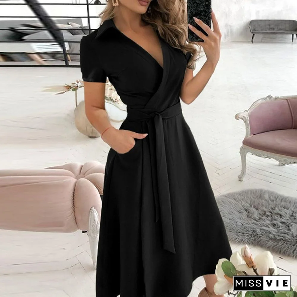 Women Elegant Sexy Off Shoulder Party Dress Summer Tie-Up A-Line Dress Office Lady Casual Short Sleeve Pocket Dress Vestido