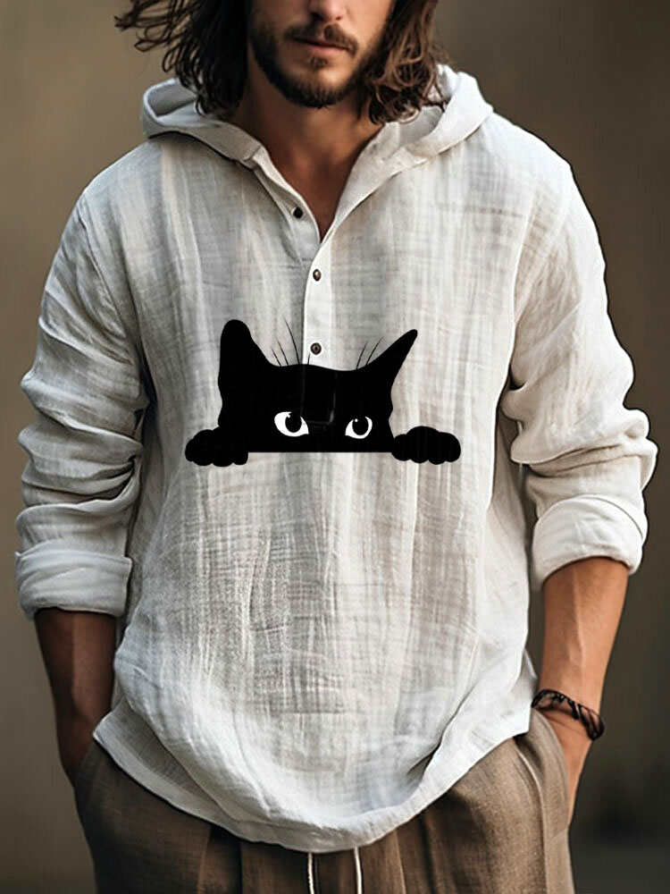  Men's Casual Black Cat Print Cotton Blend Hoodie Westsshops