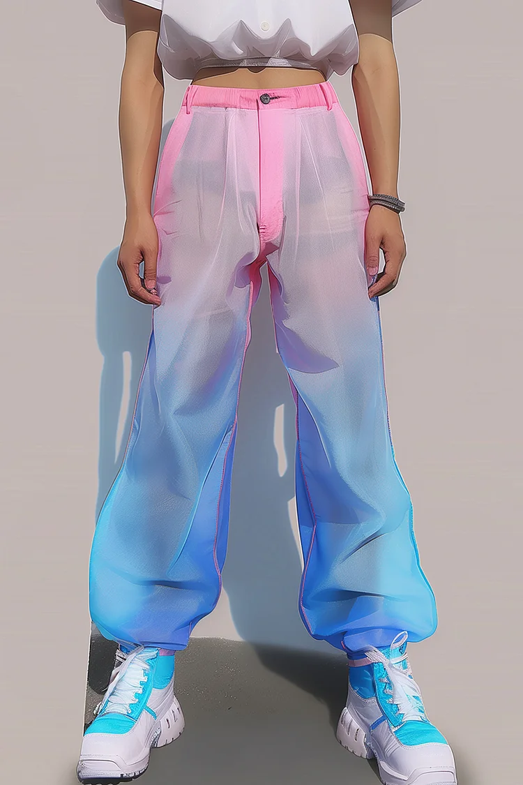 Ciciful Gradient Print See-Through Mesh Festival Pink And Blue Pants