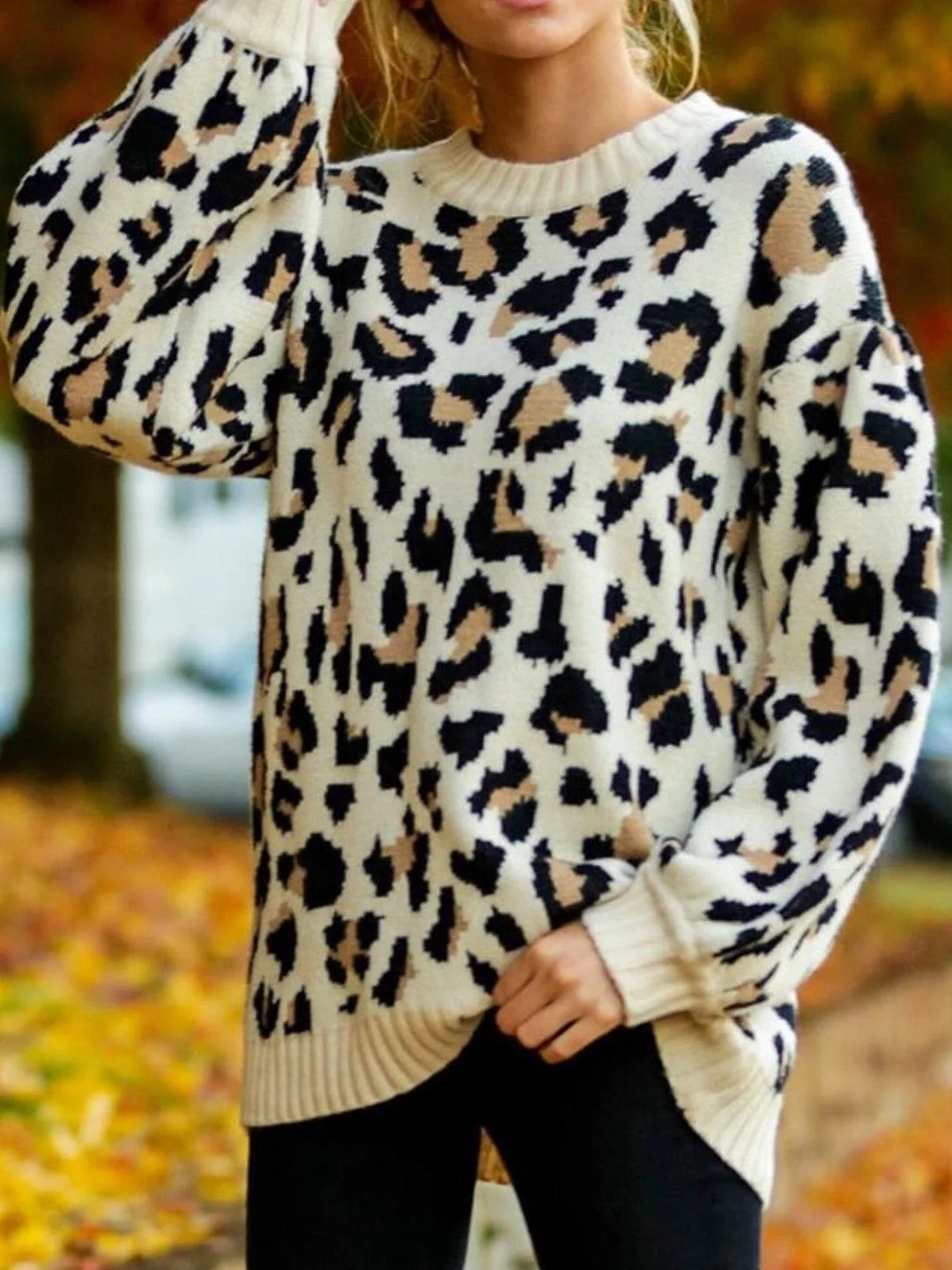 Leopard Shift Floral-Print Casual Sweater