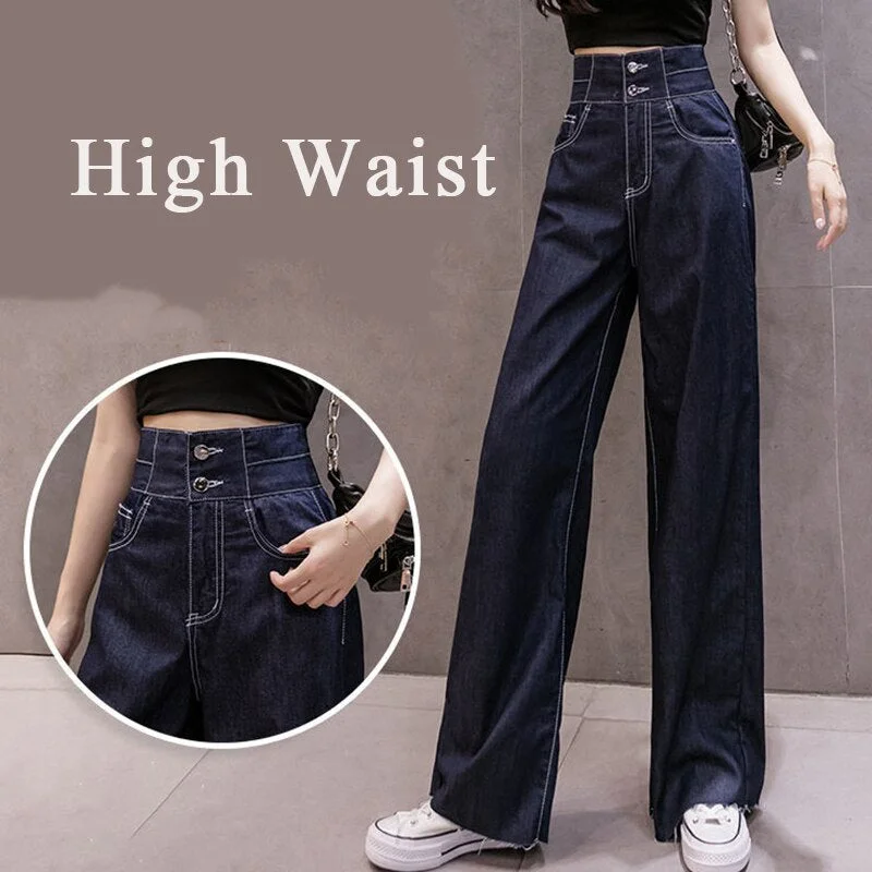High Waist Jeans Women Denim Blue Vintage Solid Oversize Full Length New Style Wide Leg Womens Autumn Long Trousers Casual Soft