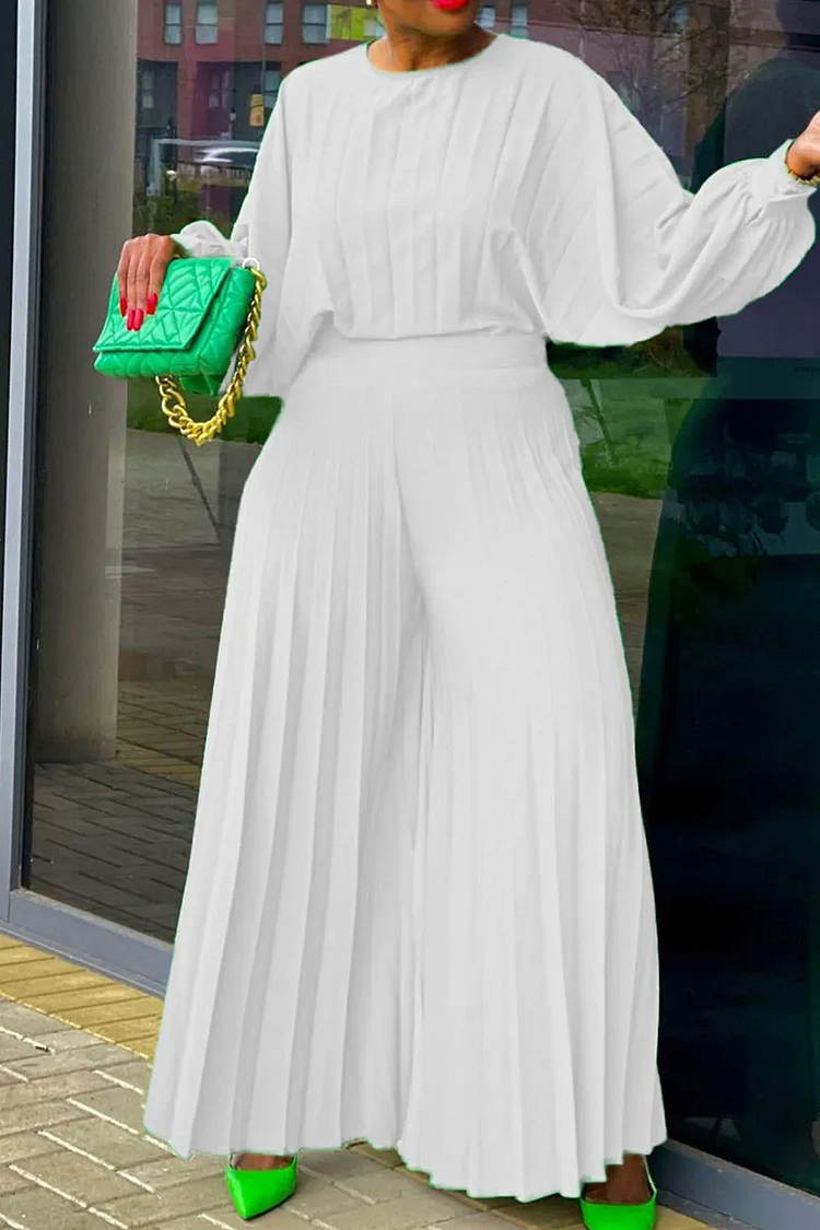 Plus Size White Daily O Neck Long Sleeve Pleated Two Pieces Pants Sets [Pre-Order]