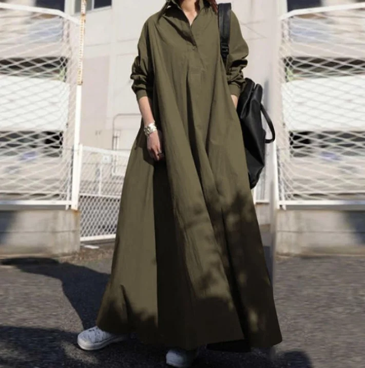 Urban Style Cotton Linen Long Sleeve Maxi Dress