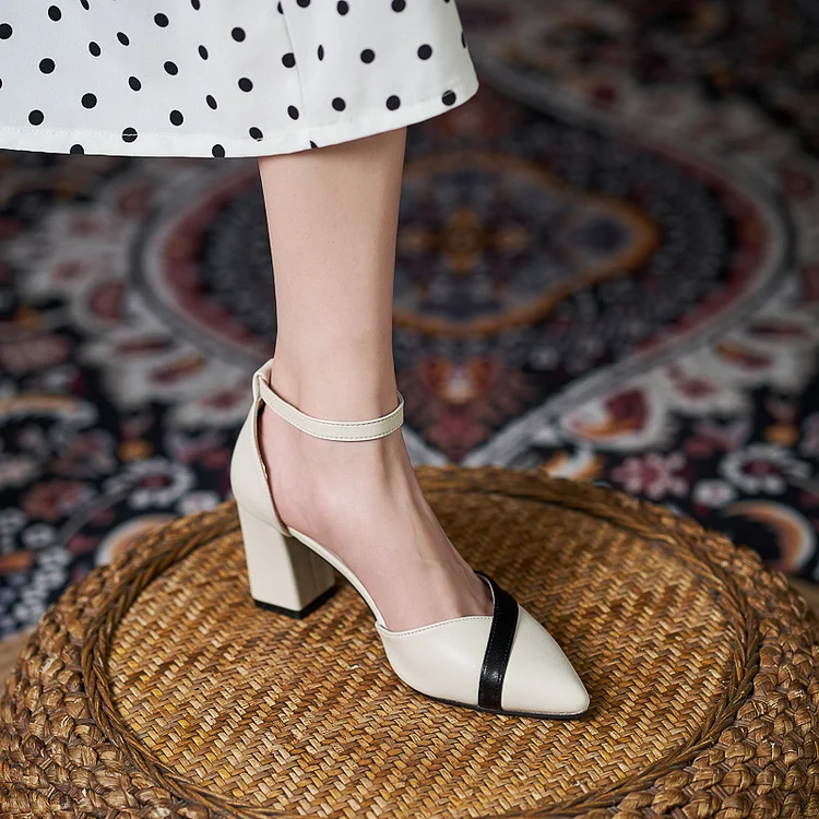 Women Mary Jane Pumps Pointed Toe Ankle Strap Buckle Chunky Block Heels