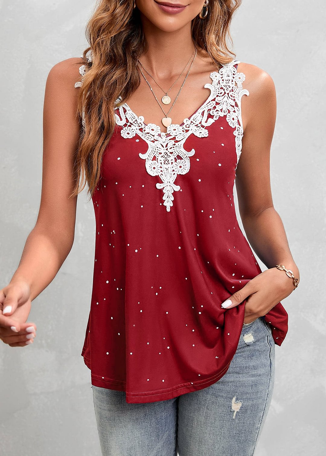Red Lace Stitching Polka Dot Tank Top