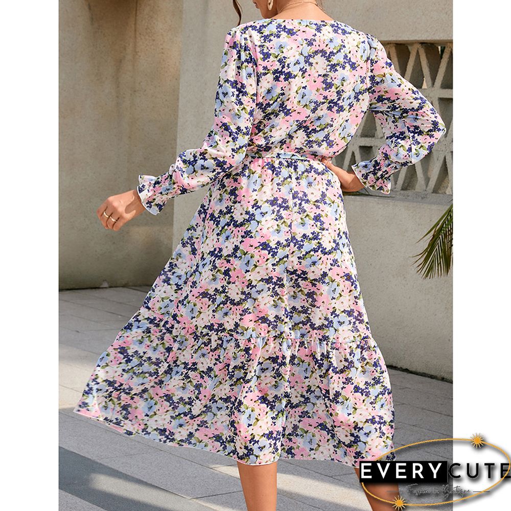 Light Purple V Neck Tie Waist Long Sleeve Floral Dress