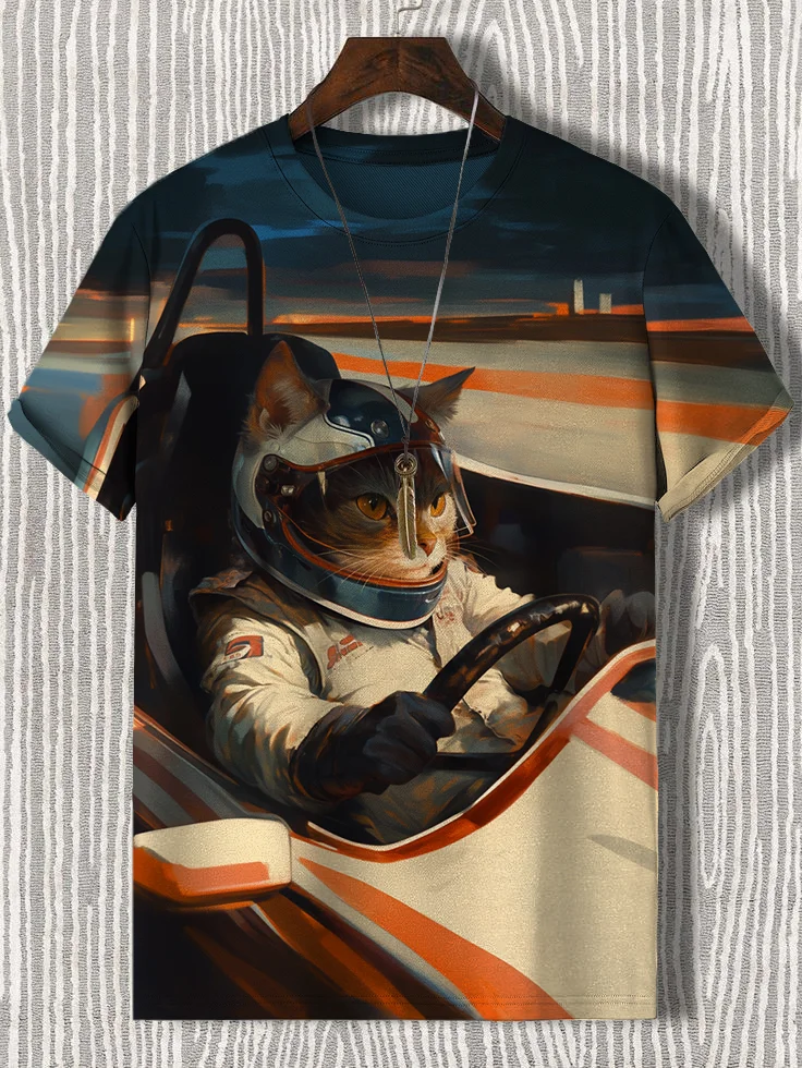 Men's Cat Racer Art Print Casual T-Shirt