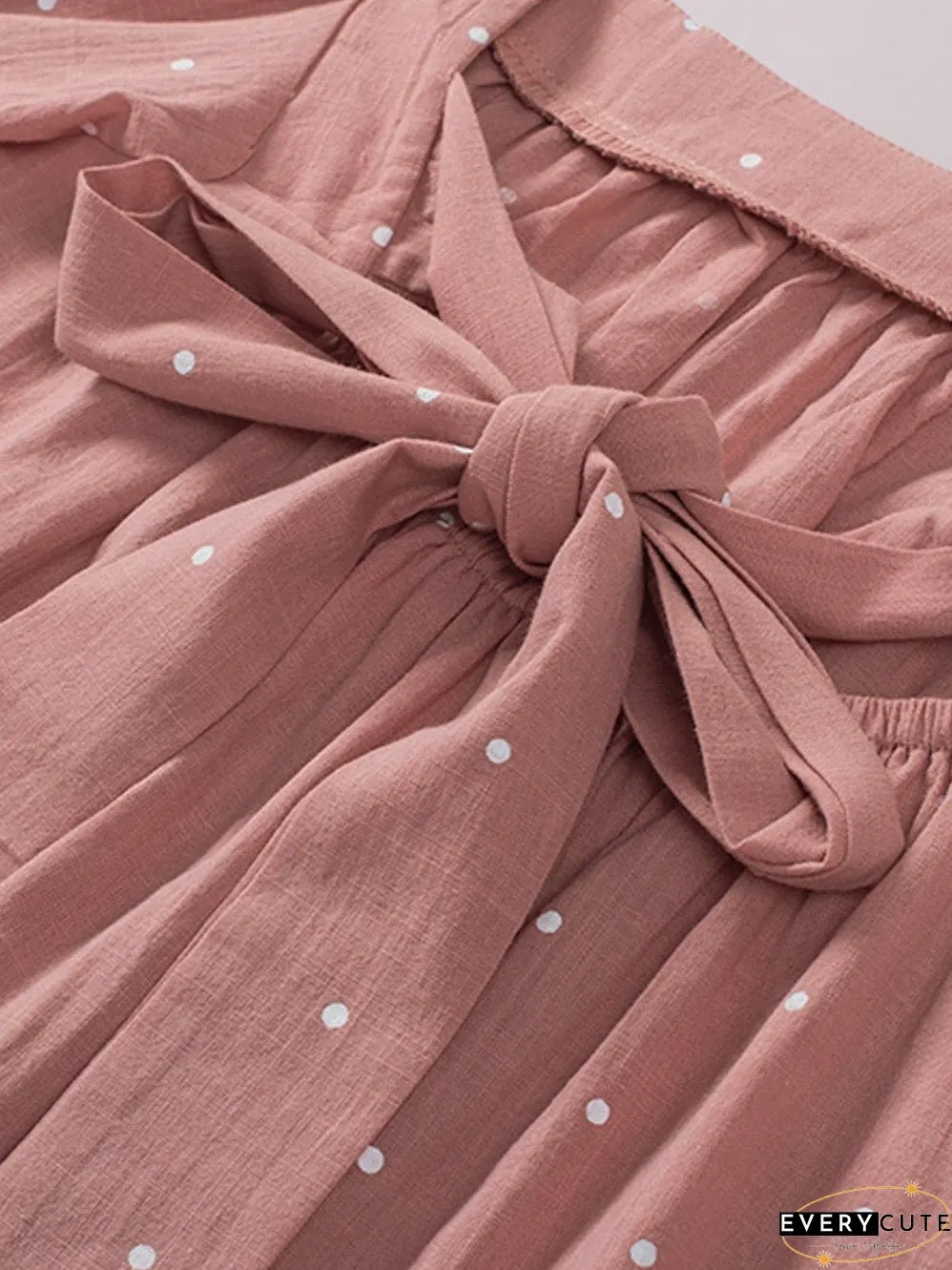 Pink Polka Dot Square Neck Puff Sleeve Blouse with Tie Back