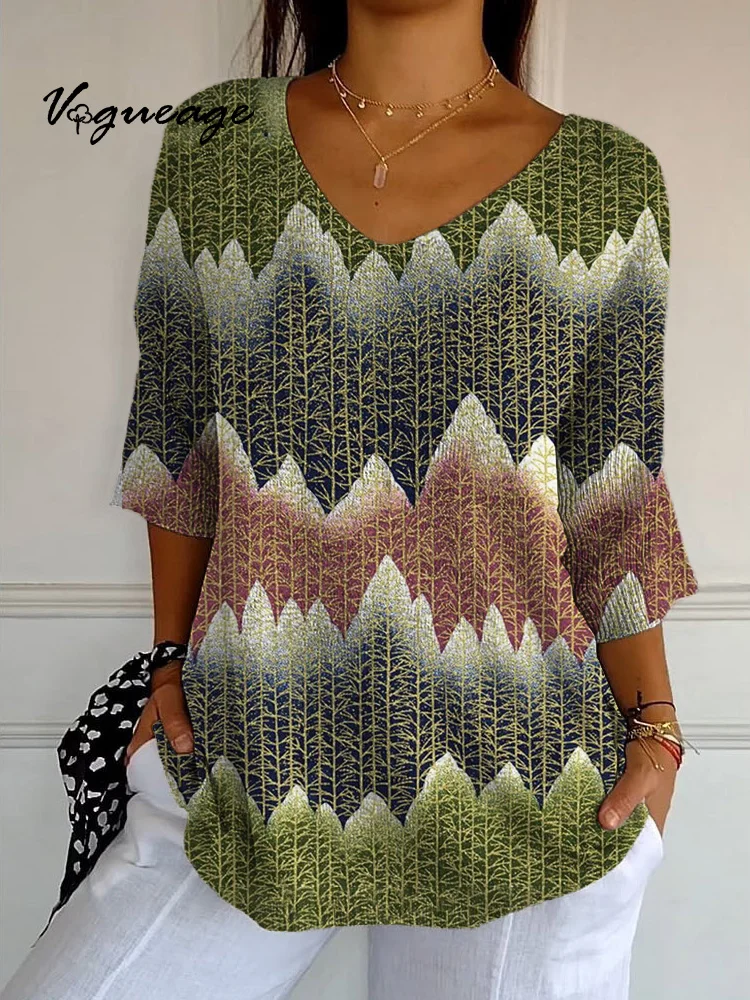 Simple Warm Color Exquisite Line Pattern Small V-Neck Printed Knitted Sweater