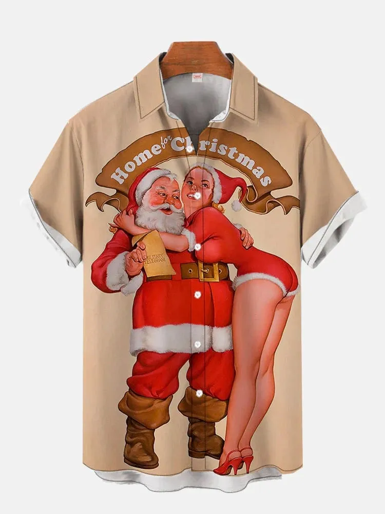 Men's Merry Christmas Santa Beauty Plus Size Christmas Tree Short Sleeve Shirt