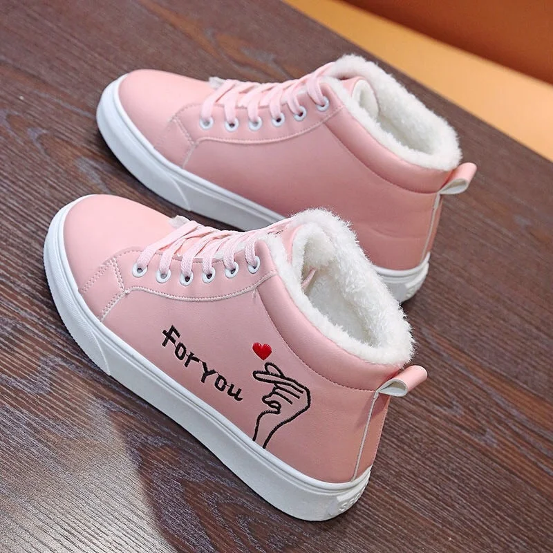 2021 New Winter Women Ankle Boots Warm Plush Woman Vulcanized Shoes PU Walking Sneakers Casual Flats Lace Up Ladies Snow Shoes