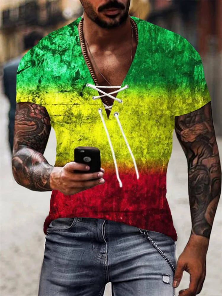 Broswear Men's Reggae Lover Rasta Gradient Lace Up T Shirt