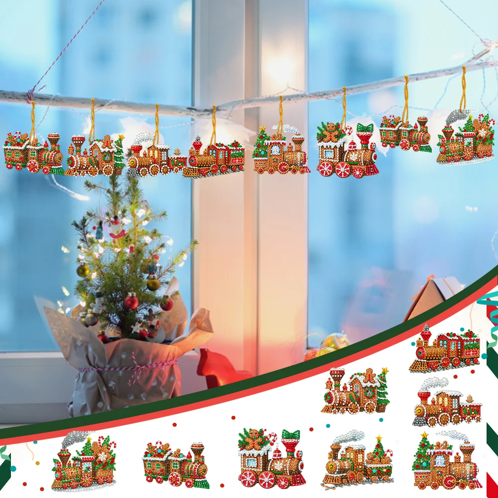 8Pcs DIY Christmas Train Acrylic Special Shaped Christmas Theme Diamond Painting Hanging Decorations