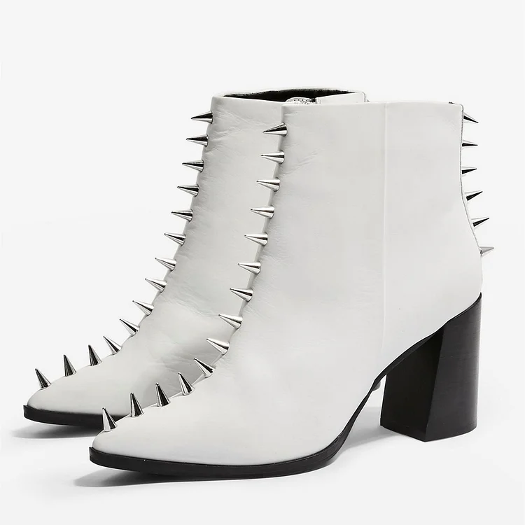 White Chunky Heel Ankle Boots with Rivets |FSJ Shoes