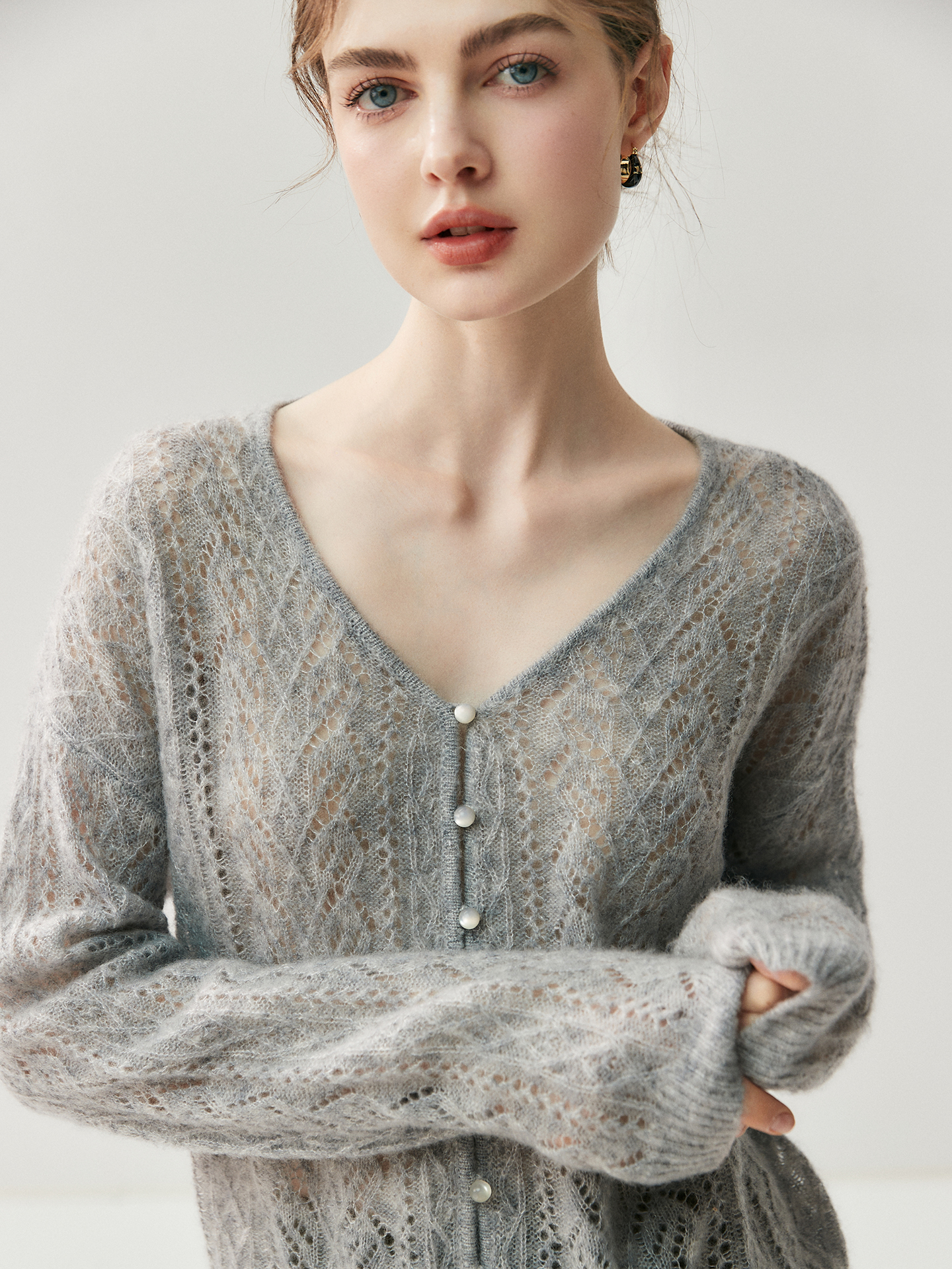 Women's V-Neck Openwork Knit Cashmere Cardigan REAL SILK LIFE
