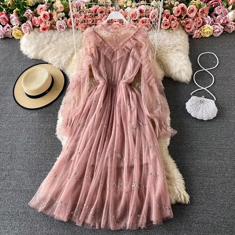 Princess Fairy Pastel Mesh Applique Gauze Flare Sleeve Dress SP16636