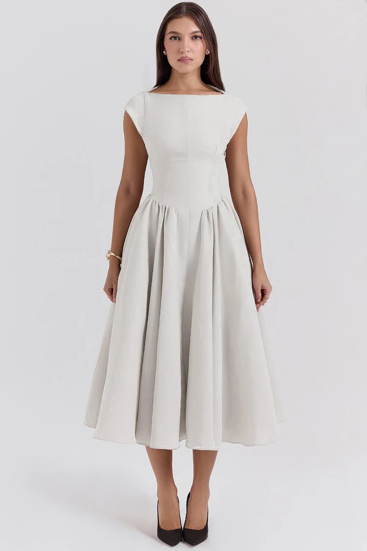 Solid Color Cinch Waist Cap Sleeve Backless Midi Dresses-OffWhite