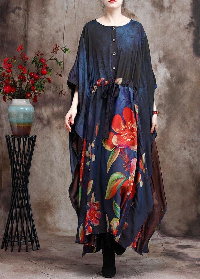 Loose Print Silk Dress Plus Size Tie Waist Maxi Dress