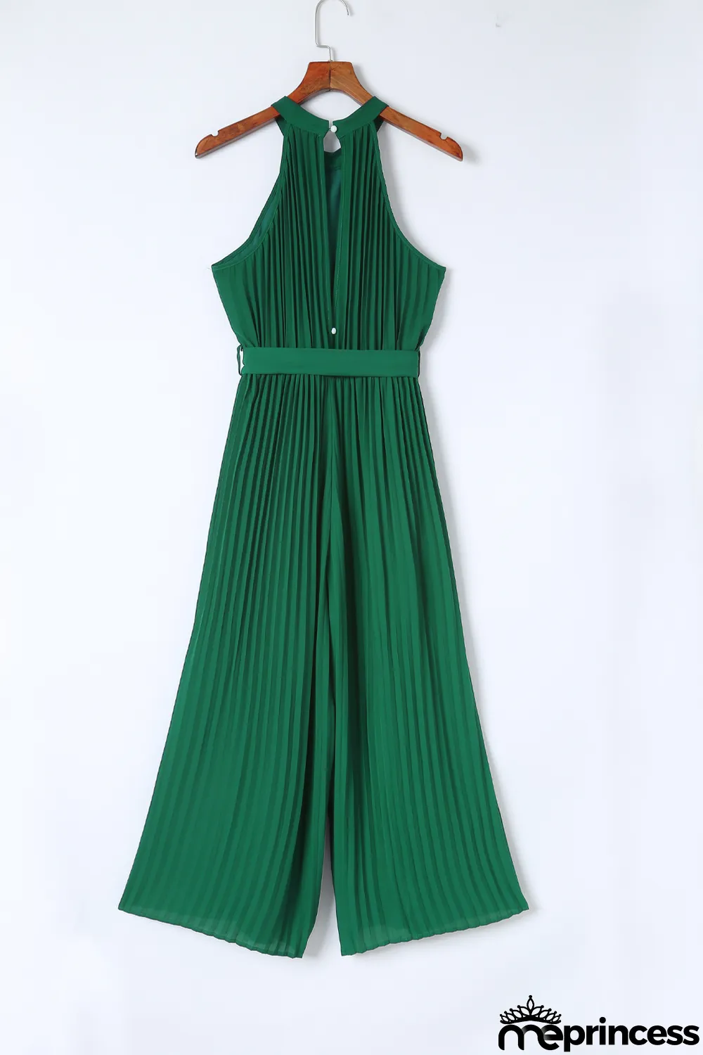 Green Halter Neck Pleated Wide Leg Jumpsuit with Belt