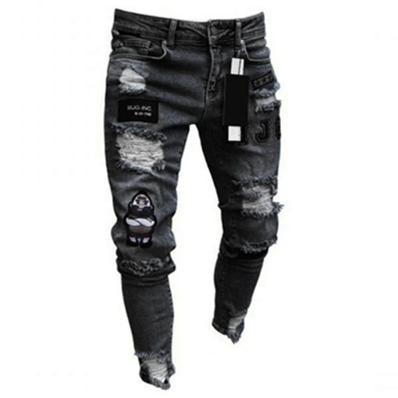Men Stretchy Ripped Skinny Biker Embroidery Print Jeans Destroyed Hole Taped Slim Fit Denim Scratched High Quality Jean S-3XL