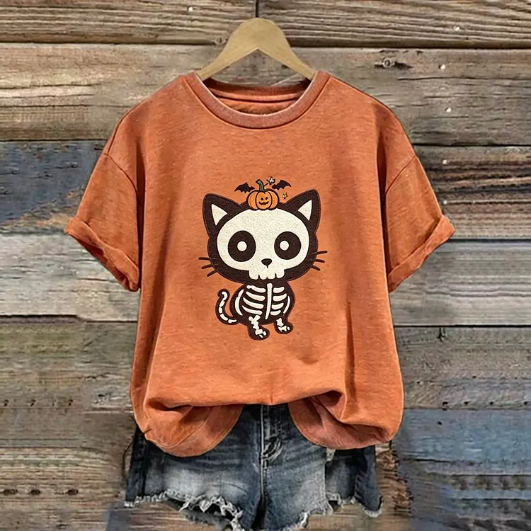 Women's Halloween Cute Skull Cat Pattern Art Print Casual T-shirt