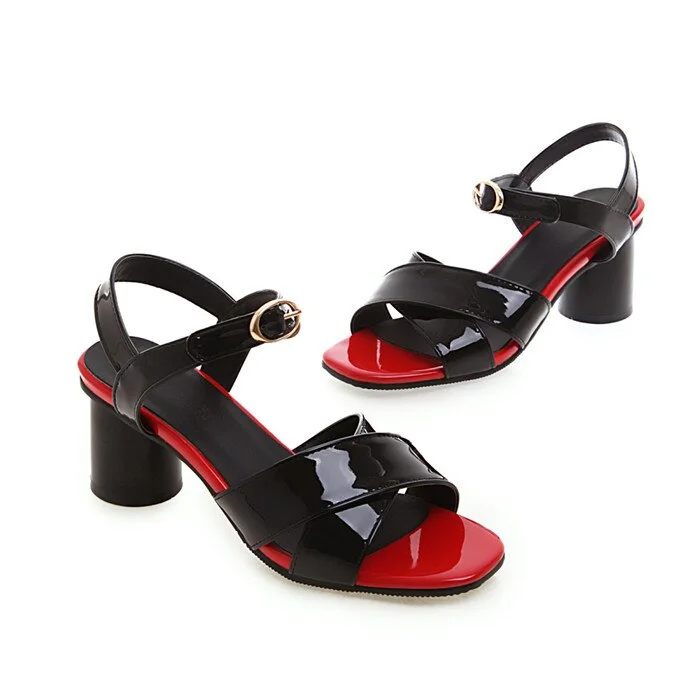 Christmas Gift Meotina Summer Sandals Women Shoes Buckle Round Heels Wedding Shoes Patent Leather High Heels Ladies Sandals Red Plus Size 33-43