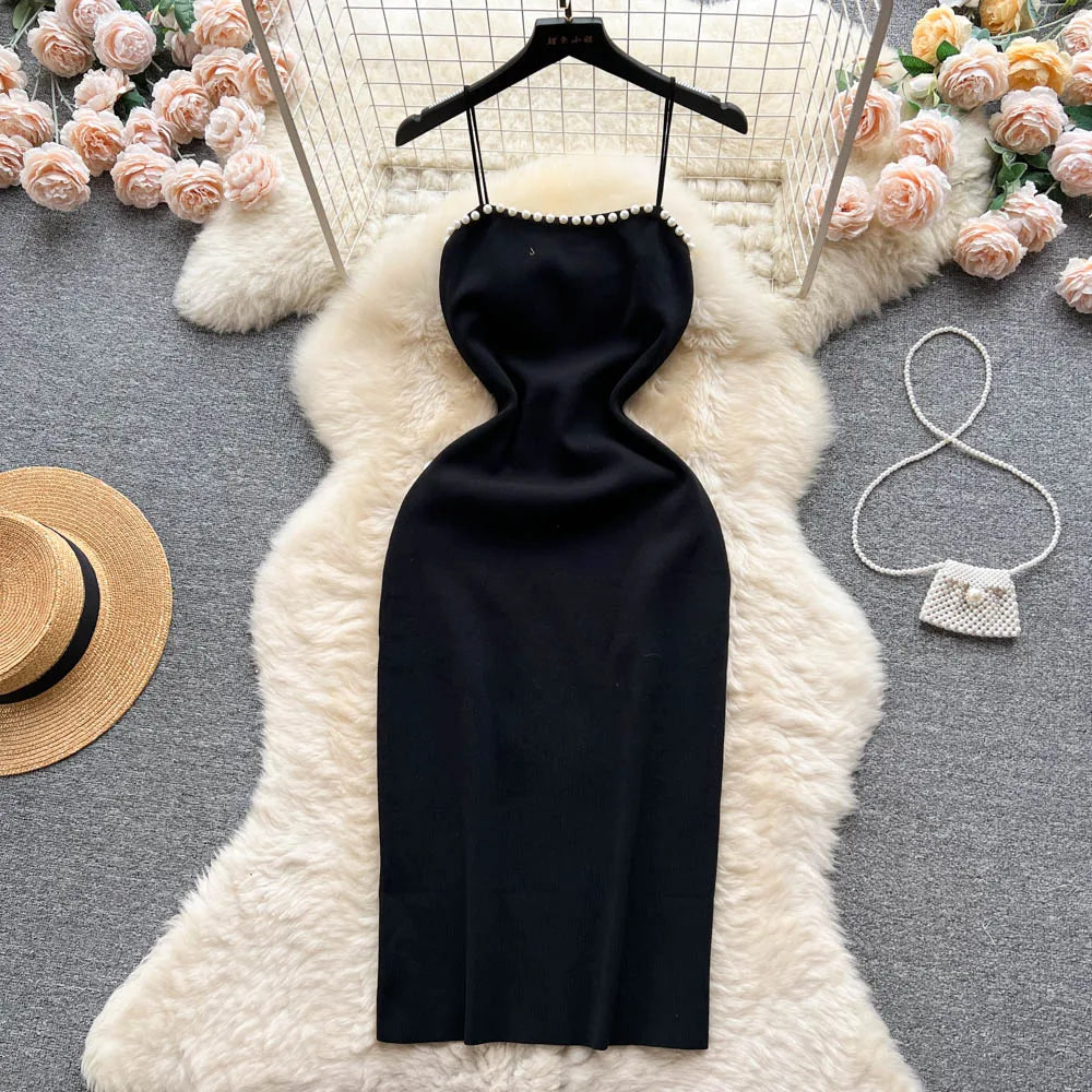 YuooMuoo Chic Fashion Pearl Design Knitted Women Dress Sexy Wrap Hips Bodycon Party Dress Basic Fall Streetwear Outfits Vestido LANFUBEISI