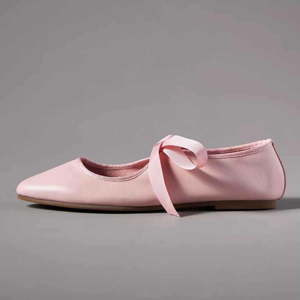 Pink Vegan Leather Ribbon Lace-Up Ballet Flats with Almond Toe Nicepairs