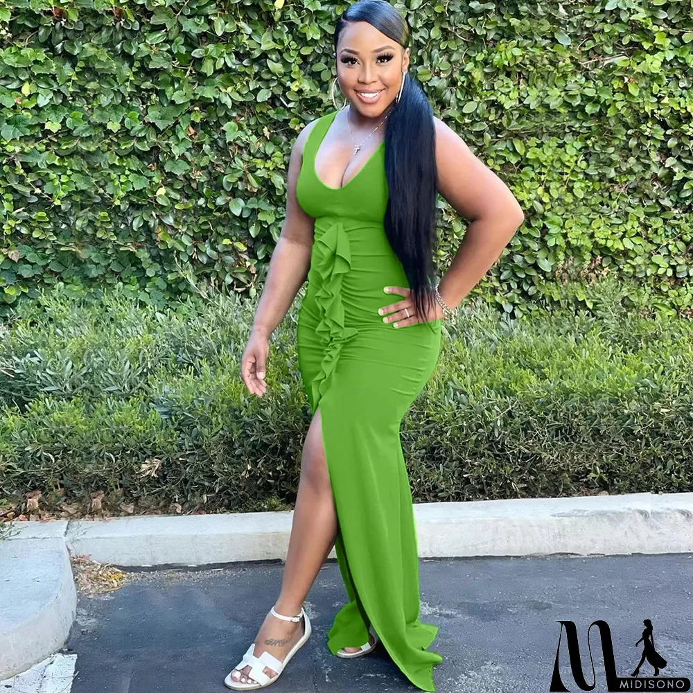 MidiSono - Solid Sleeveless V Neck Ruffled Split Maxi Dress