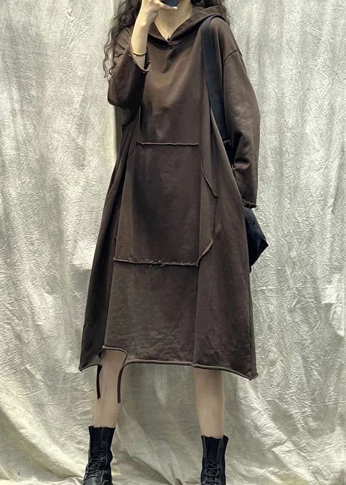 VCSHOES Chocolate Hooded Ripped Patchwork Cotton Sweatshirts Dress Fall