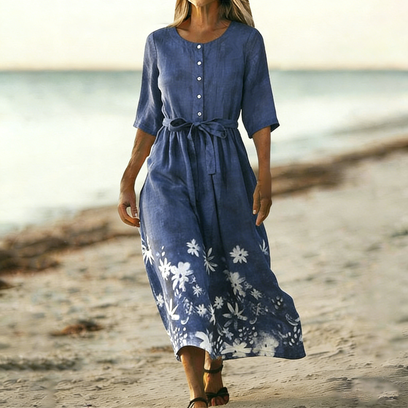 Women's Floral Pattern Linen Blend Short Sleeve Dress elevenforest