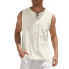 Men's Casual Lace-Up Neck Chest Pocket Sleeveless Vest Tank Top by Inlyline