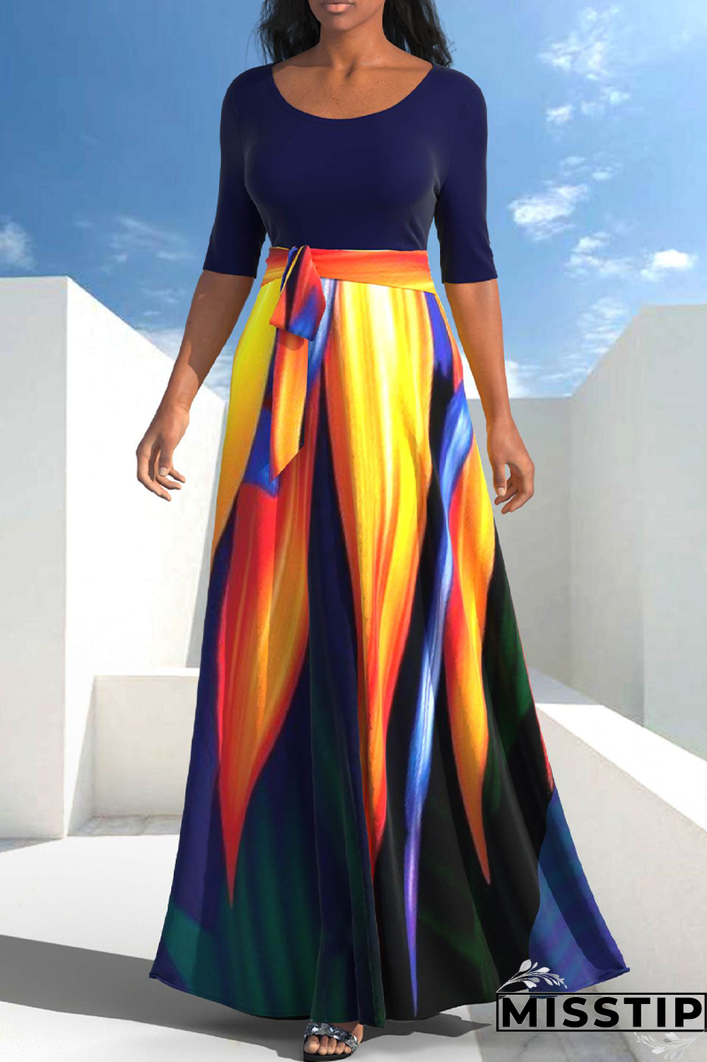 Blue Black Casual Patchwork Tie-dye O Neck Dresses