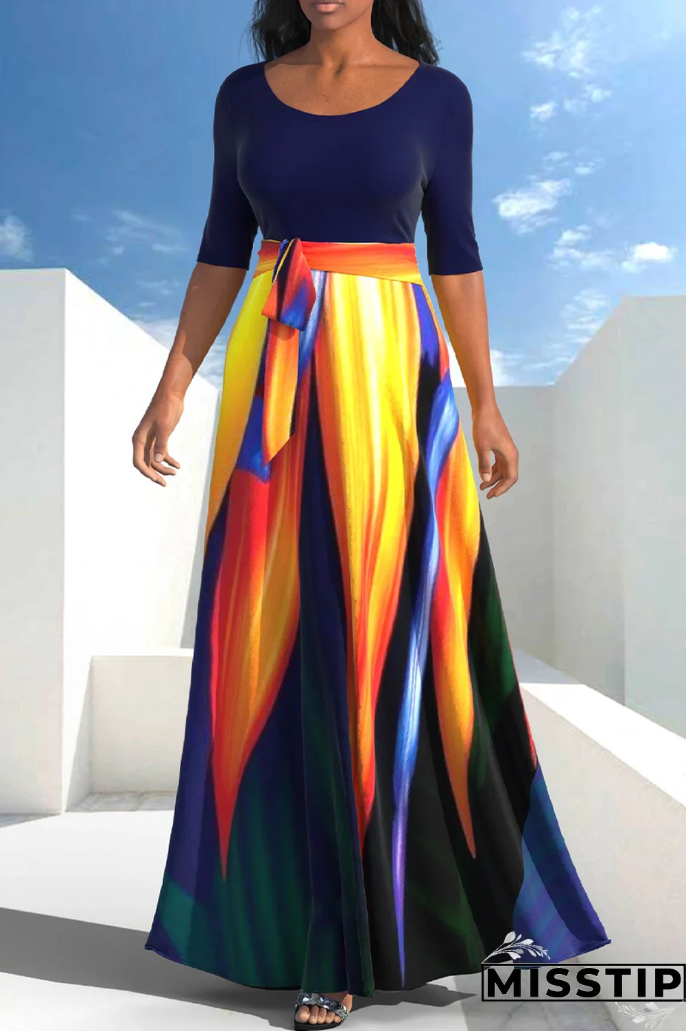 Blue Black Casual Patchwork Tie-dye O Neck Dresses