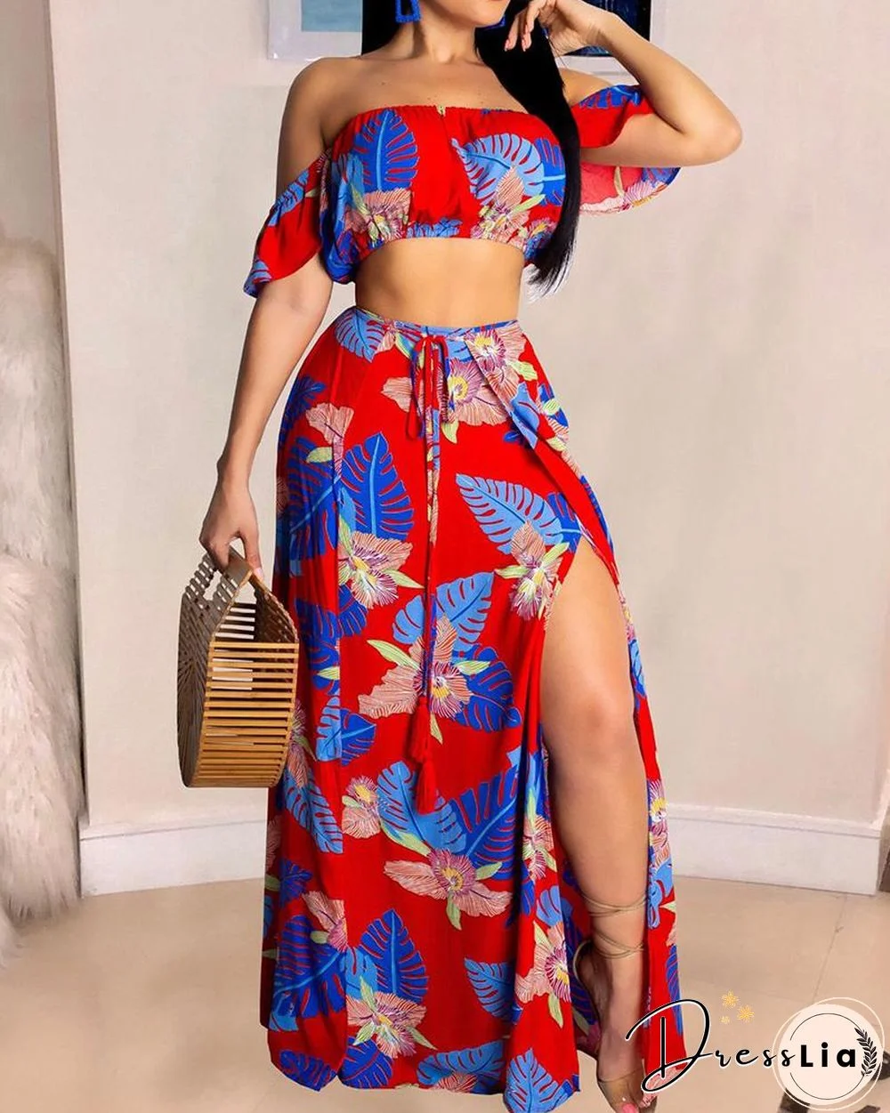 Off Shoulder Tropical Print Crop Top & High Slit Maxi Skirt Set