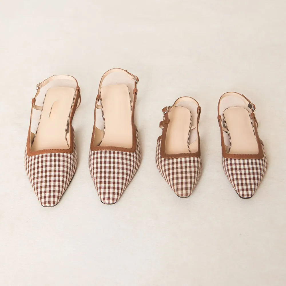 Brown & White Plaid Square Toe Slingback Flat Shoes for Women