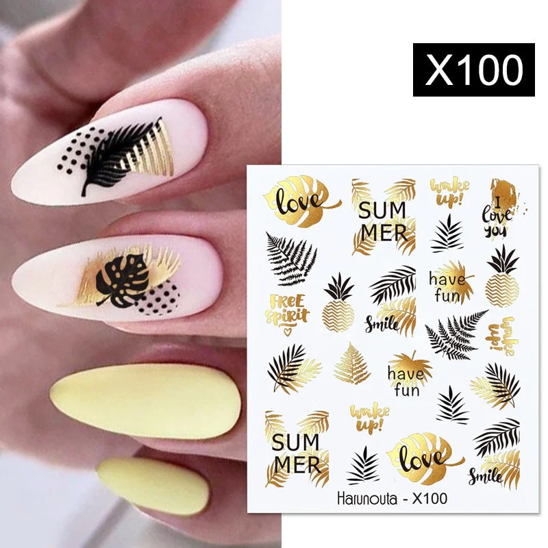 Harunouta Gold Black Tropical Plants Water Decals Stickers Leaves Flower Geometrics Slider For Nails Summer Nail Art Decoration