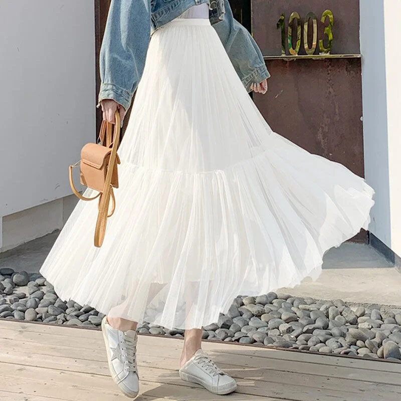 New Elegant White Long Pleated Skirt Women Summer 2022 Harajuku Clothes Korean Style Mesh Chiffon Kawaii Streetwear Pink Skirts