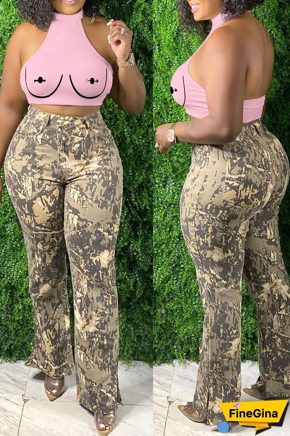 Brick Red Sexy Print Patchwork O Neck Tops