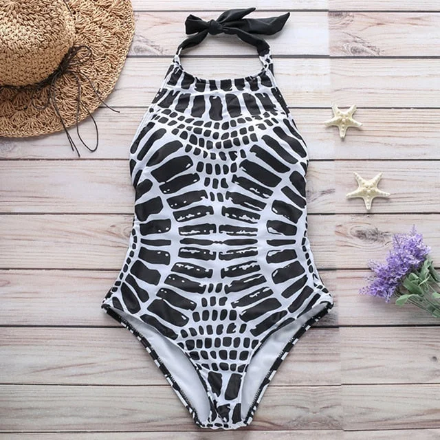 Print S - XXL Large Size Backless Female Swimwear One Piece Swimsuit Women High Neck Monokini Bather Bathing Suit Swim Bodysuit