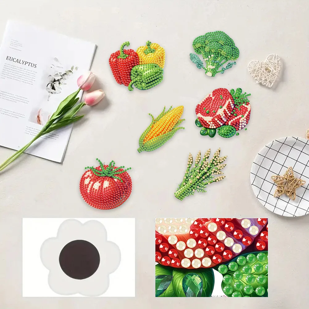 6Pcs Acrylic Vegetables Diamond Art Fridge Magnet for Car Mailbox Decor
