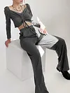 Sexy V-Neck Long Sleeve Drawstring Top&Wide Leg Pants Casual Suit
