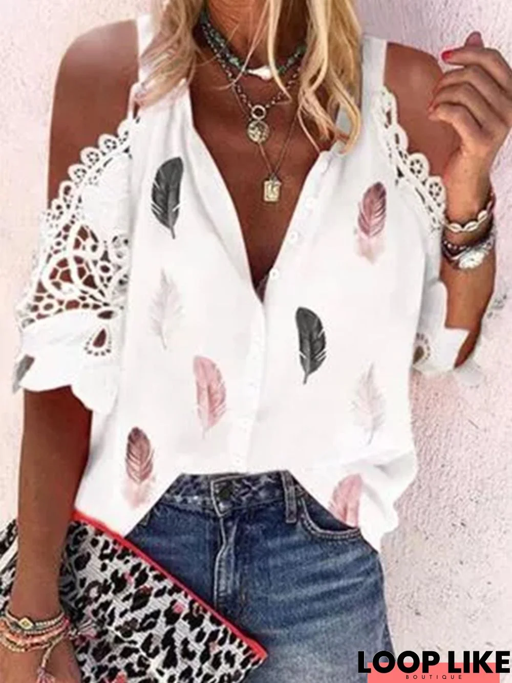 Vacation V Neck Half Sleeve Loose Abstract Blouses