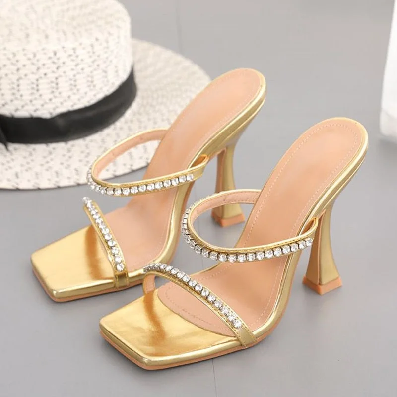 Sexy Slippers For Women Mule Ladies Gold High Heels Sandals Fashion Square Open Toe Crystal Strap Party Weeding Shoes Slides