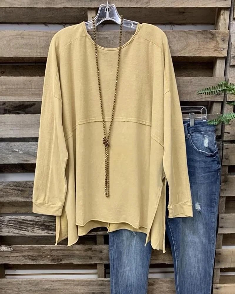 Women's Solid Color Long Sleeves Slit Side Casual Top