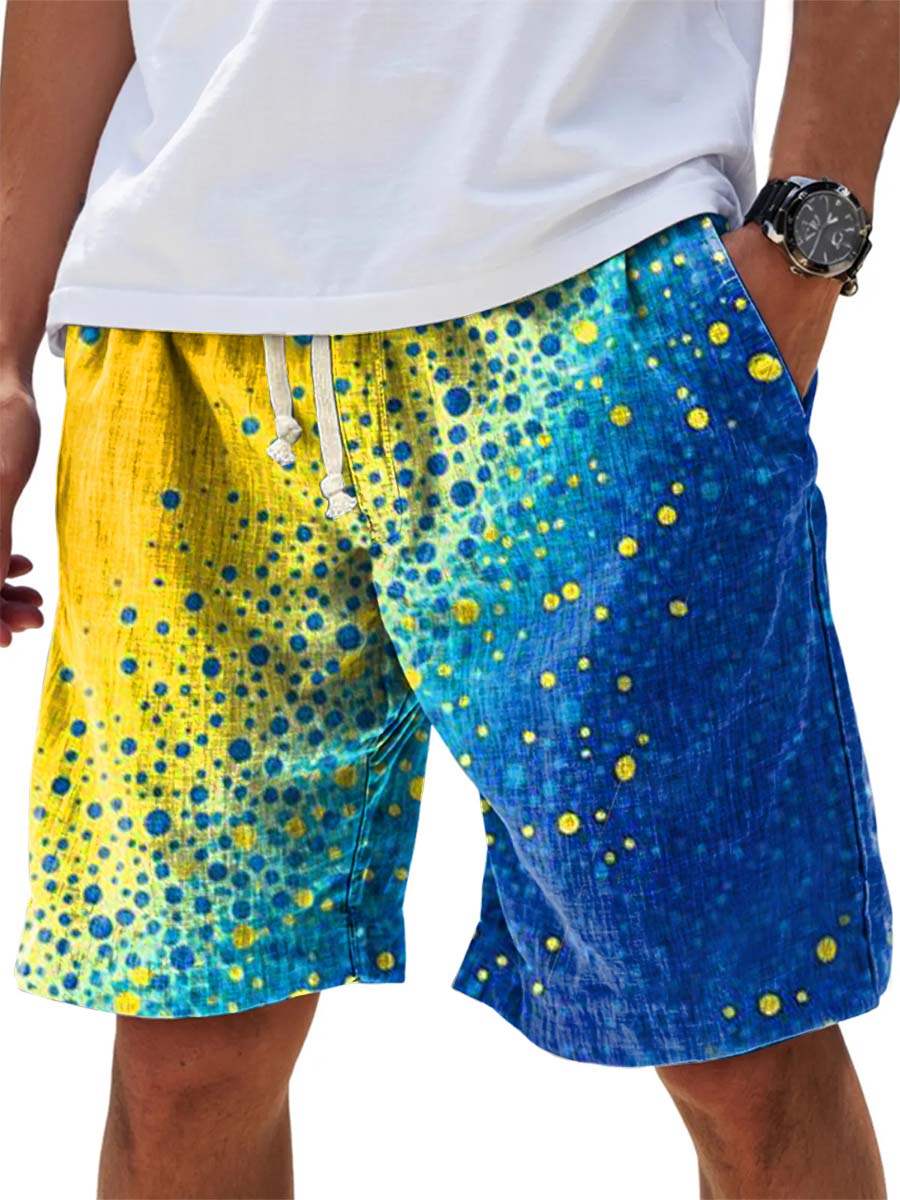 Men's Yellow Blue Gradient Splash Art Print Cotton And Linen Beach Shorts