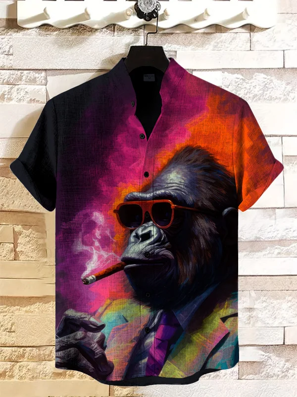 Men's Gorilla Smoking Art Print Casual Shirt
