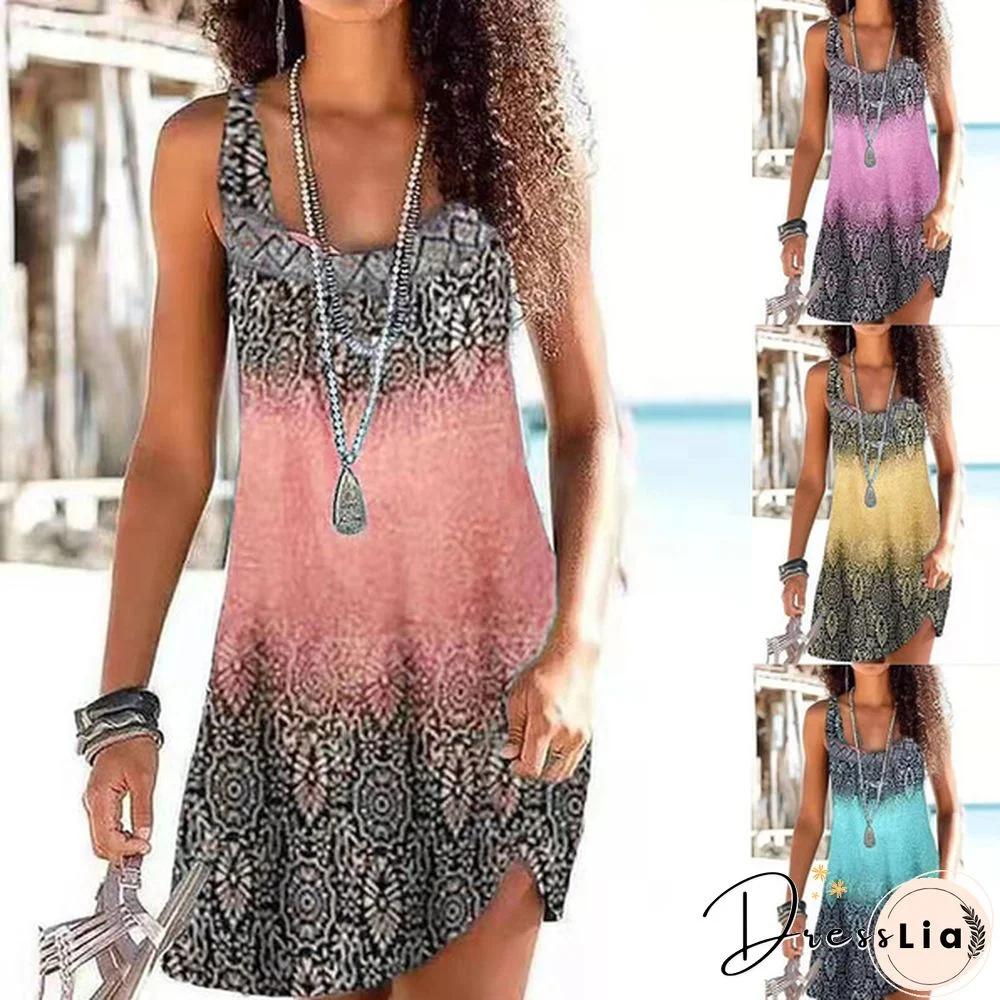 New Women's Fashion Bohemia Printed Dress Loose Casual Sleeveless Dress Floral Print Round Neck Dress Summer Plus Size